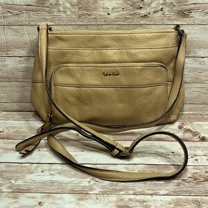 Calvin Klein Soft Pebbled Tan Leather Shoulder Bag with built in wallet